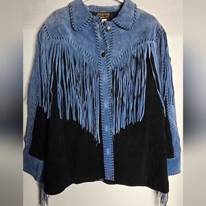 BOB MACKIE Wearable Art Western Leather Jacket Fringe Womens Sz L Blue Black
